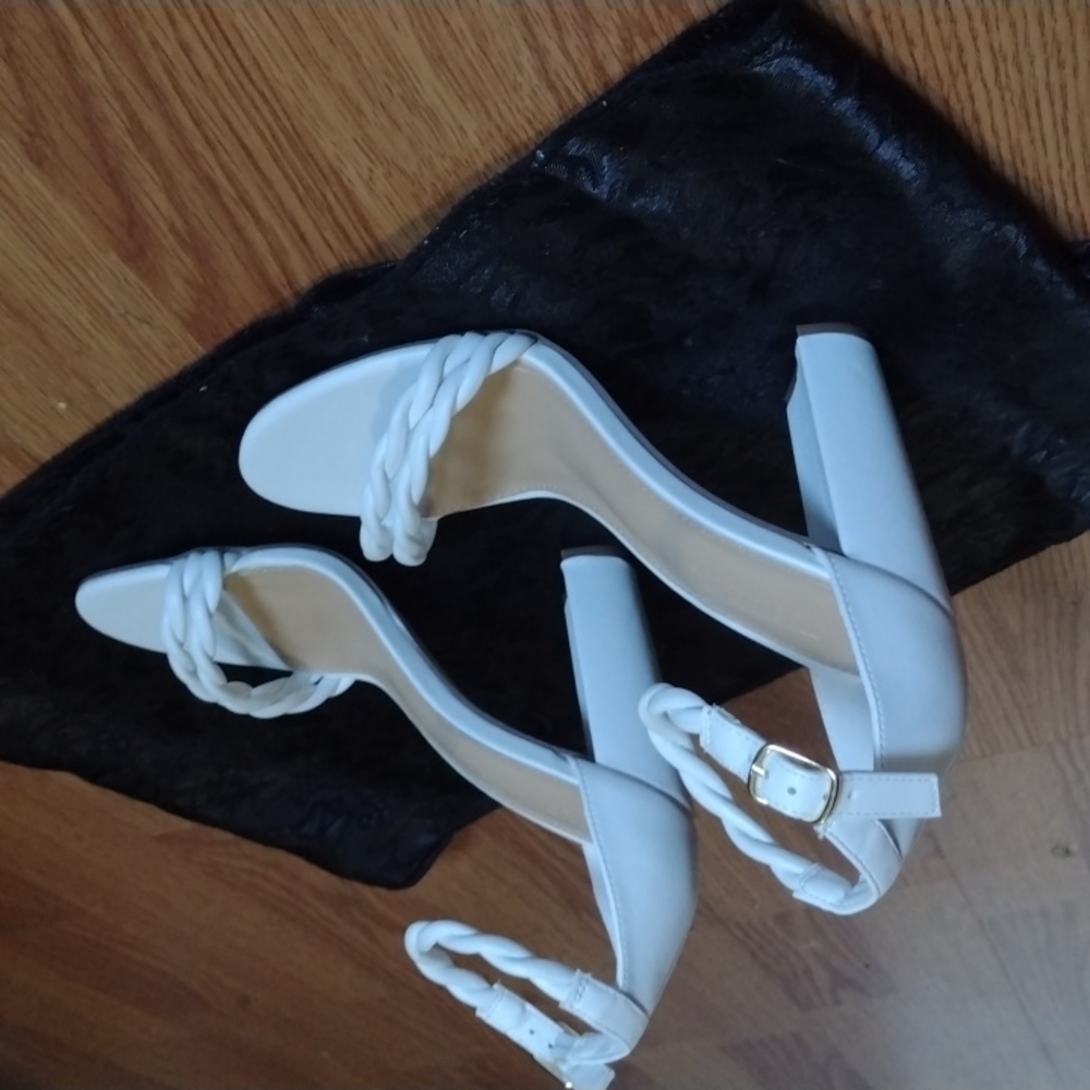 White ankle strap heels